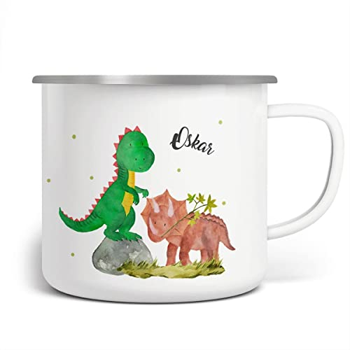 miKalino Emaille Tasse Dinosaurier personalisierte Kindertasse mit Wunschnamen bedruckt Emaille Becher Emailletasse | handbedrucktes Geschenk, Farbe:weisssilber, Grösse:300ml