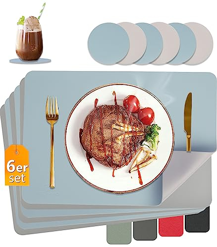 HELI MIAO Tischsets Abwaschbar,Platzsets Abwischbar,Tischset Leder,Hitzebeständig Doppelseitigen 6er Set Platzdeckchen Lederoptik mit Untersetzer,Tischuntersetzer,Platzdecken(Hellblau + Grau)