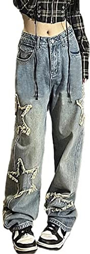 DINGJIUYAN Y2K Streetwear Tasche Up Cargo Jeans Grigio Stella Stampa A Vita Bassa Gotico Dritto Pantaloni Denim Grunge Baggy Pant Vintage, F, M