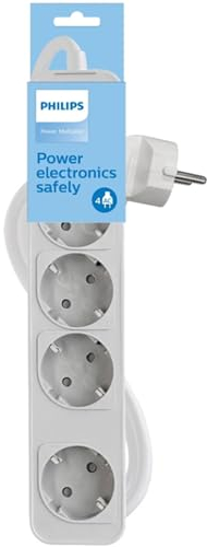 Philips CHP2144W - Regleta de 4 Enchufes, Bloqueo Alimentación, 1.440W, Cable Alimentación Trenzado 1.5 Metros Alta Resistencia, Cierre Seguridad (Indicador LED Prot) - Color Blanco