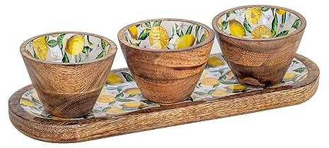 SIGNES GRIMALT Plateau Apéritif oval et 3 bols en Bois de Manguier, Thème Citrons, longueur 38 cm