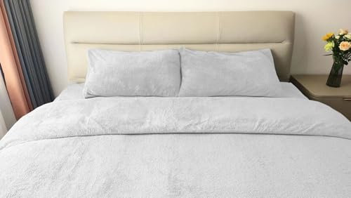John Aird Teddy Fleece Duvet Cover Quilt Bedding Set With Pillow Cases (White, Double)