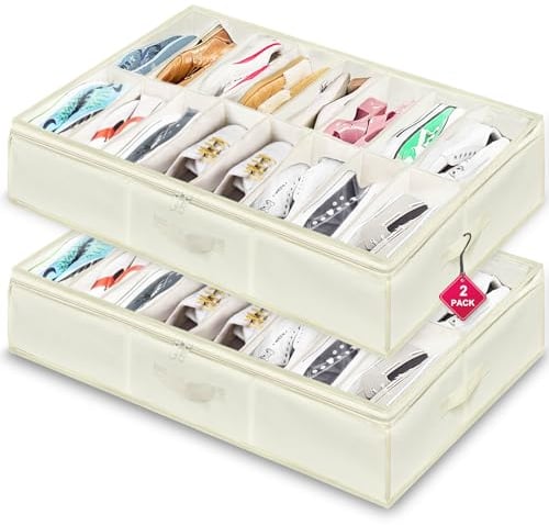 32 Pairs Shoe Organizer Under Bed, Sturdy Underbed Shoe Storage Boxes Bins, Organizador De Zapatos, Extra Large Zapateras Organizer, Beige, Set of 2