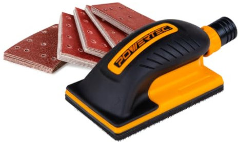 POWERTEC Sanding Block w/ 1 OD Dust Collection Port & Assorted Hook & Loop Sanding Pads (40, 80, 120, 180, 240 Grit, 10 Each), Block Sander for Woodworking, Auto Body, Paint, Drywall (71514V)