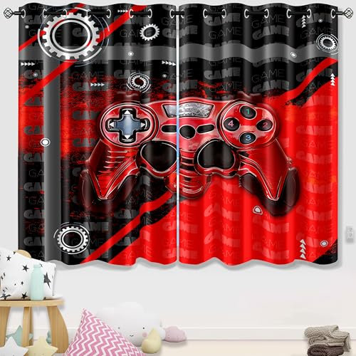FJKJHKGJ Gaming Curtains - Gamer Curtains for Boys Room, Boys Curtains for Bedroom, Gamer Blackout Curtains for Kids Boys Teens Bedroom, Red Black Game Gamepad Window Drapes 2 Panels, 82 x 63
