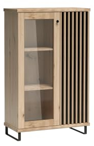 MINIO go for it - Vitrine mit Lamellen Mali, 86,4 x 141,9 x 40,6 cm, Vitrinenschrank mit Glas Türen, für das Wohnzimmer, Glasvitrine, mit Metallfüßen, ohne LED-Beleuchtung - Artisan Eiche/Schwarz