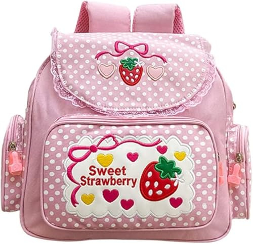 Sothuba Kawaii Rucksack mit Erdbeer-Stickerei für Mädchen, Teenager, Studenten, Schulranzen, niedlicher rosa Spitze, JK-Rucksack, Pink, 30x37x13cm, Kawaii-Erdbeer-Stickerei