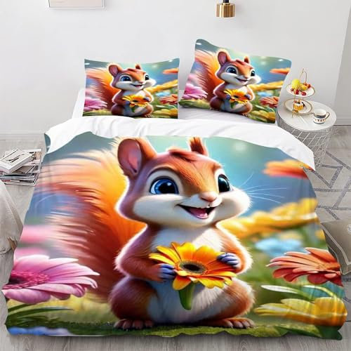 CHEFFS Eichhörnchen Bettwäsche 135x200 Kinder Eichhörnchen Tier Bettbezug Set für 3D Drucken Microfaser Waldtiere Bettwäsche-Sets mit Super weich Reißverschlus (135 x 200 cm,7)