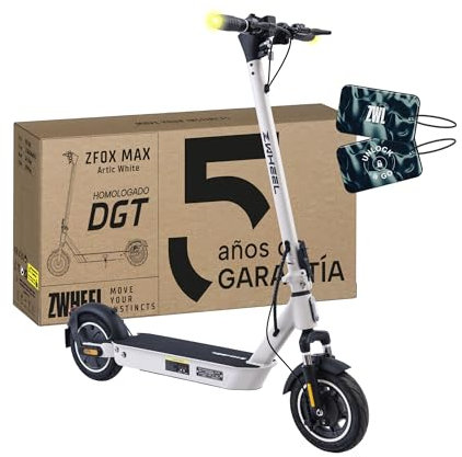ZWHEEL ZFOX MAX Arctic White | Patinete Eléctrico Adultos Homologado DGT - 800W MAX, 50km Autonomía, IP54 Resistencia al Agua, Ruedas 10 - Llave NFC, Intermitentes, Doble Suspensión, Frenos AER