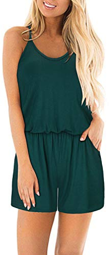 STYLEWORD Jumpsuit Damen Sommer Kurz Ärmellos Blumen Overall Spaghettiträger Strampler mit Tasche(Grün,Klein)