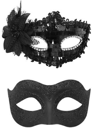 DAZZLUXE Lot de 2 masques vénitiens à paillettes - Masque de fête - Demi-masque pour les yeux sexy - Convient pour les spectacles sur scène, le cosplay, le carnaval (noir)