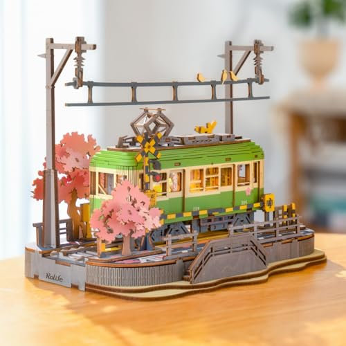 Rolife Kit de construction 3D en bois de cerisier en fleur de cerisier pour débutants - Modèle de train de fleurs de cerisier - Style japonais - Décoration d'intérieur - Éclairage LED - Atmosphère
