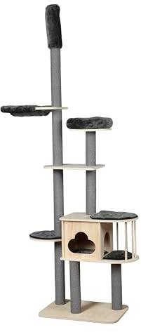 Dehner Lieblinge Kratzbaum Bombay, Katzenbaum höhenverstellbar, Kletterbaum für Katzen, ca. 68 x 234-259 x 48 cm, Plüsch/Spanplatte/Papier, braun/grau