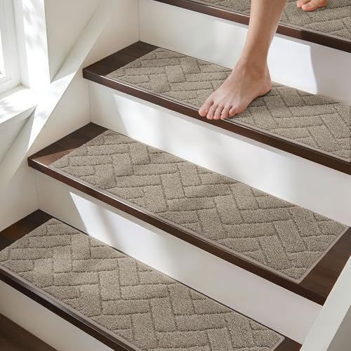 BEQHAUSE, Treppenstufen Matten, rutschfest, Beige, 4 Stück, Polyester