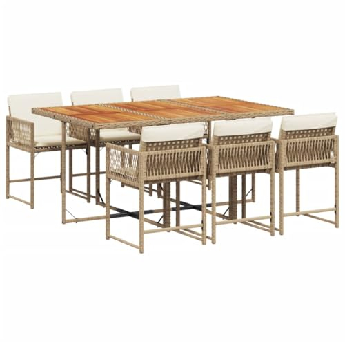 vidaXL Garten Essgruppe 7-TLG., Gartenmöbel Set Tisch mit 6 Stühle, Gartengarnitur mit Kissen, Sitzgruppe Essgarnitur Terrasse, Beige Poly Rattan