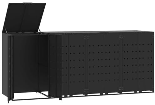 ** vidaXL Wheelie Bin Storage for 4 Bins - Black Powder-Coated Steel Trash/Garbage Bin Cover with Gas-Spring Lid and Magnetic Closure for Garden, Outdoor 276x79x117 cm