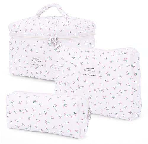 Starnearby Lot de 3 Trousse de Toilette Matelassée en Coton Doux, Trousse de Maquillage Fleurie, Pochette de Rangement Maquillage, Trousse de Beauté Femme, Trousse Cosmétique Voyage