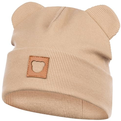 Smarilla Mütze Übergangsmütze Junge Mädchen Herbstmütze Frühlingsmütze Beanie Ohren gerippt, Größe: 50-52, Farbe: Beige