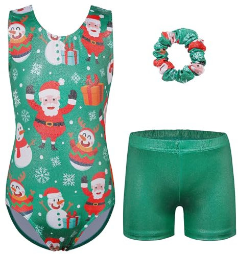 ZNYUNE Mädchen Turnanzug mit hose Haarband Set gymnastikanzug Kinder Shorts trikot turnen Ärmellos/Langarm Kleidung klassisch Turnbody B369 GreenSnowman 10A