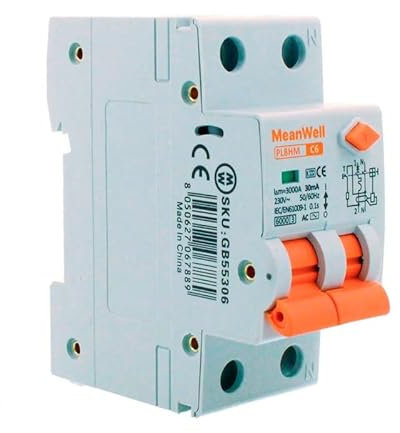 MeanWell Interruttore Magnetotermico Differenziale, 30mA 6000A 220V, RCBO 1P+N C6 6A, Tipo AC Curva C, 2 Poli Occupa 2 Moduli Barra DIN