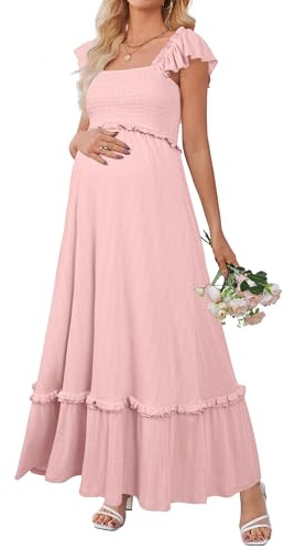 OUGES Damen 2026 Sommer Stillkleid Rüschenärmel Boho Maxi Umstandskleid für Babyparty Fotoshooting Schwangerschaftsmode