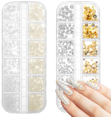 Nail Charms, 2 Boxes 3D Flatback Pearl Nail Charms Nail Rhinestones Mixed Sizes Silver Gold Caviar Beads for Nails Manicure Accessories for Women DIY Nail Design Supplies Jewelry Crafts Decoration