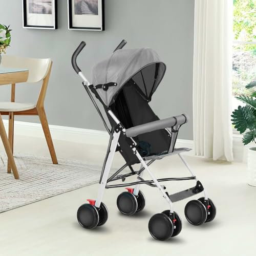 Passeggino leggero e compatto da 0 mesi a 4 anni, capacità di carico massima di 25 kg, passeggino pieghevole, schienale reclinabile, pieghevole automatico in 1 passo, baldacchino D-grigio