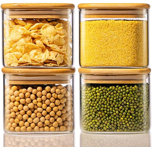 HomArtist Quadratische Glasdosen mit Bambusdeckel, 600 ml, 4 Stück, für Salat, Obst, Mahlzeiten, Vorbereitungsgläser mit Deckel, luftdichte Vorratsdosen aus Glas mit Deckel für Snacks, Süßigkeiten,