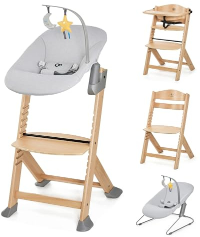 Kinderkraft ENOCK Wooden Highchair + Baby Bouncer CALMEE, Multifunctional Baby Chair, Ajustable Heigh and Footrest, Safety Harness, with Detachable Tray, for Children up to 10 Years