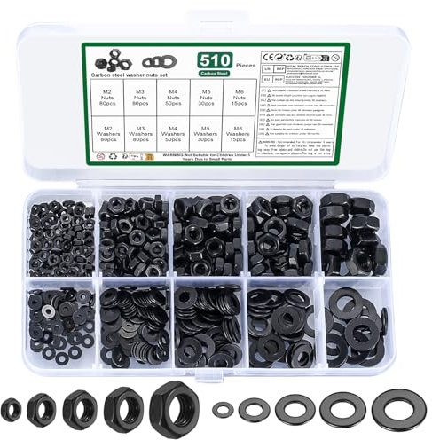 510 Pcs M2 M3 M4 M5 M6 Black Hex Nuts Set and Flat Washers for Screws: 255 Self Locking Nuts Assortment + 255 Metal Washer Assorted washers, Hex Lock nuts Captive Nut and Lock Washer Spacers