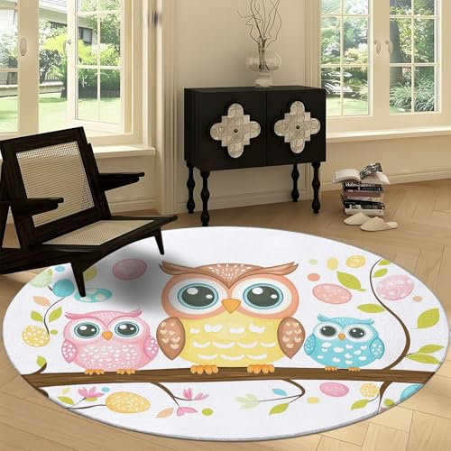 Runder Rutschfester Teppich 90 cm, Cartoon Tier Eule Waschbarer Runder Teppich, Weicher Cartoonstil Runder Teppich für Küche, Waschraum, Wohnzimmer, Esszimmer