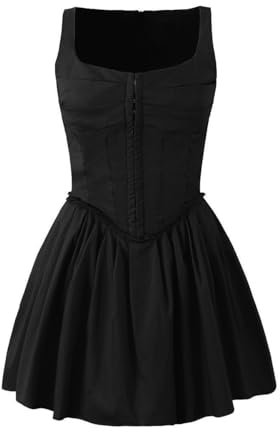 IBAKOM Femmes Robe d'été sans Manches Plissé Vintage Bustier Corset Robe Taille Haute Ruffle A-Ligne Mini Robes Noir M