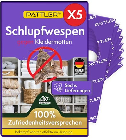 PATTLER® Schlupfwespen gegen Kleidermotten – 5 Karten à 6 Lieferungen – Kleidermotten bekämpfen ohne Chemie – Alternative zur Mottenfalle, Mottenspray & Pheromonfalle