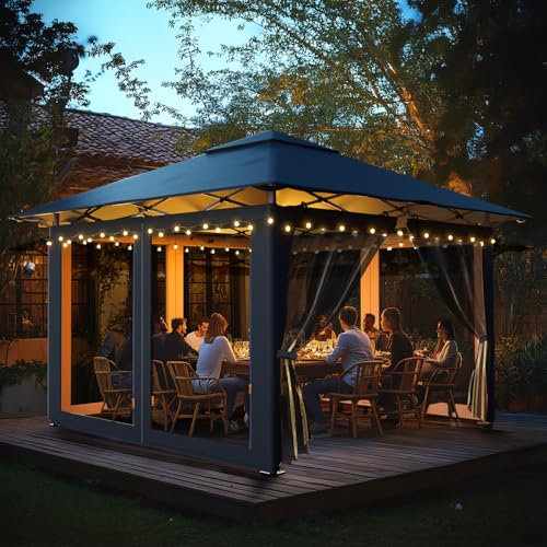 arvioo Gartenpavillon 3x3m, Gartenzeit Genießen, Pop Up Pavillon mit 4 Moskitoseitenteilen & Belüftungslöcher Windschutz UV-Schutz, 3-Stufen Höhenverstellbar, aus Metall & 210D Oxford-Gewebe(Anthrazit