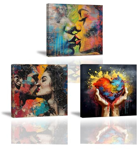 Piy Painting Graffiti Leinwand Bilder, Romantische Liebe Thema Leinwanddrucke, Buntes Gerahmtes Kunstwerk Für Wohnzimmer, Schlafzimmer, Badezimmer, Wandbilder Geschenke Für Verliebte, 3x 30x30 cm