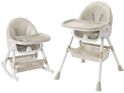Chaise Haute Bebé Évolutive, pour Enfants de 0 Mois à 60 kg, 3 Positions d'Inclinaison, Repose-Pieds Réglables, Pliage compact, 4 Roues-Six en un – Blanc cassé