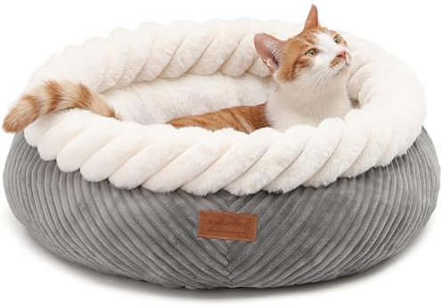 FUKUMARU Katzenbett waschbar Katzen Bettchen, 55x55x21cm Katzenkorb mit erhöhtem Rand, weiches Bett aus Cord, rutschfeste Unterseite, groß,Grau