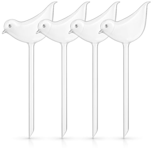 Perimvo Bewässerungskugeln 4er Set – Bruchsicherer Kunststoff, bis zu 14 Tage Selbstbewässerung, Vogel-Design Wasserspender für Zimmerpflanzen, Transparent, 90 ml pro Kugel (25 cm)
