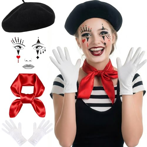WANGWANG Pantomime Kostüm Damen Zubehör Set - Pierrot Kostüm Accessoires mit Schwarzer Baskenmütze, Weißen Handschuhen, Rotem Halstuch & Gesichtstattoos - Clown Verkleidung für Karneval & Fasching