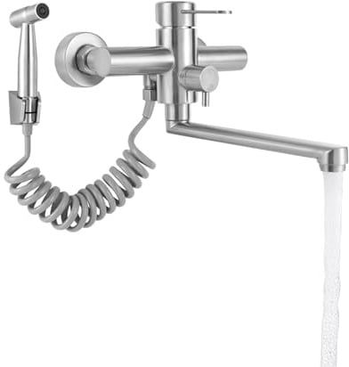 Küchenarmatur Wandmontage Wasserhahn, Wandarmatur Küche mit Spritzpistole,360° Drehbar Edelstahl Einhebelmischer Kalt und Heiß Küchenarmatur für spüle Küche, Ausgussbecken