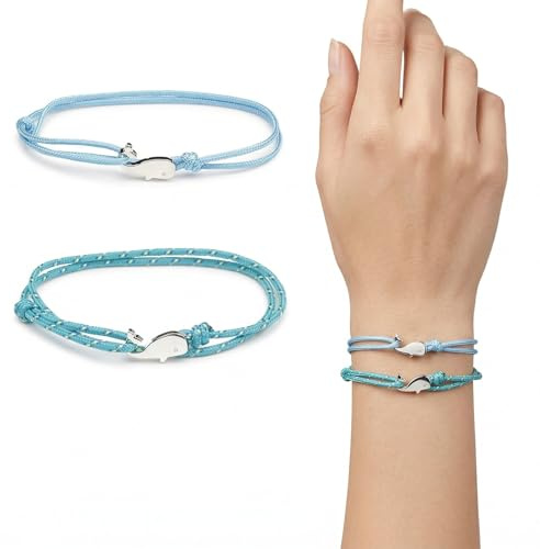 Lot de 2 Bracelets Baleine pour Homme et Femme - Bracelet de Surfeur en Cordon avec Pendentif en Alliage - Style Maritime Nautique Ajustable - Idée Cadeau Bijoux - Bleu Ciel & Camouflage