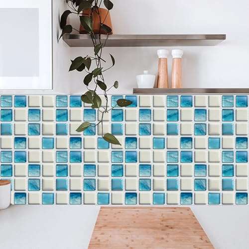 Piastrelle Adesive Cucina 10x10cm Blu Beige Finte Mattonelle Adesive Bagno Pvc Impermeabile,Paraschizzi Per Superfici Lisce Di Piastrelle