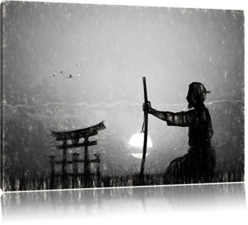 Pixxprint Alter Samurai-Meister vor Horizont Kunst Kohle Effekt, Größe: 100x70cm, Leinwandbild, fertig gespannt, Wandbild, Dekoration, Kunstdruck, kein Poster