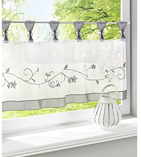 SIMPVALE 1 Stück Gardine mit Schlaufen Blume Bestickt Cafe kurz Vorhänge Küche Vorhang Querbehang (Grau, Breite 145cm/Höhe 60cm)
