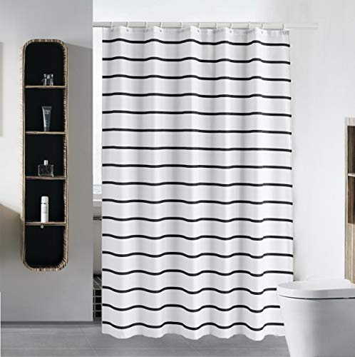 S·Lattye Eleganter Duschvorhang, wasserabweisender Stoff, waschbar, Hotelqualität, freundlich, schwerer Saum) mit weißen Kunststoffhaken, 137,2 x 198,1 cm, schwarz, gestreift