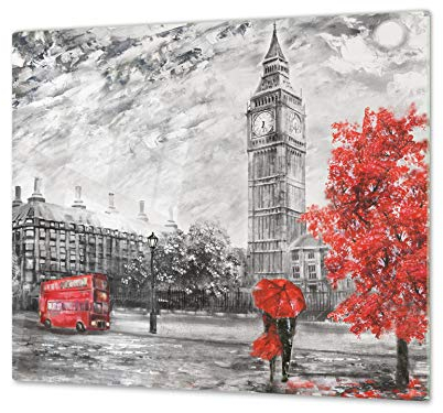 Cubre vitrocerámica y tabla de cortar de cristal templado – Superficie de vidrio templado resistente – UNA PIEZA (60 x 52 cm) o DOS PIEZAS (30 x 52 cm); D13 Serie Dibujos: Big ben rojo