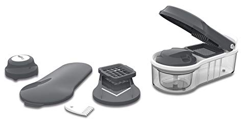 MAXXMEE Multi-Schneider Chop'n Slice Plus 12-TLG. | Gemüseschneider, Klingen aus Edelstahl, Chopper zum Häckseln, mit Aufbewahrungsbehälter | Allesschneider [grau/weiß]