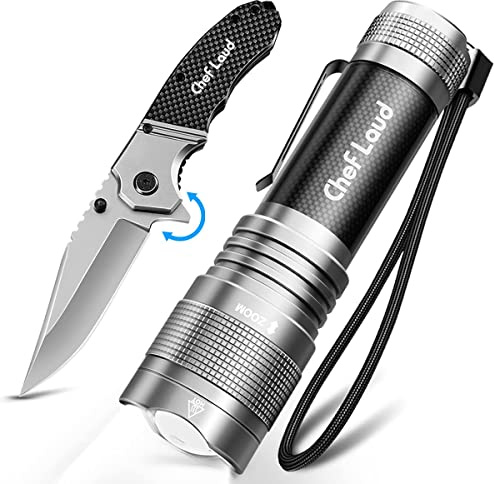 Morpilot Cheflaud Lampe Torche et Couteau de Survie Pliant Poche avec 5 Modes Eclairage, Zoomable pour Ménage, Etanche IPX4 pour Camping Pêche Chasse