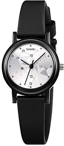 SKMEI Wasserdichte Armbanduhr für Damen, Mädchen, lässig, analoge Quarz-Uhren für Frauen 1.2*0.98*0.31 inch Dünne, schwarze Konstellation.