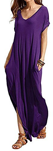 Partita Donne V-Neck Manica Lunga Pianura Irregolare Tasche Vestito Lungo #152 - viola - S